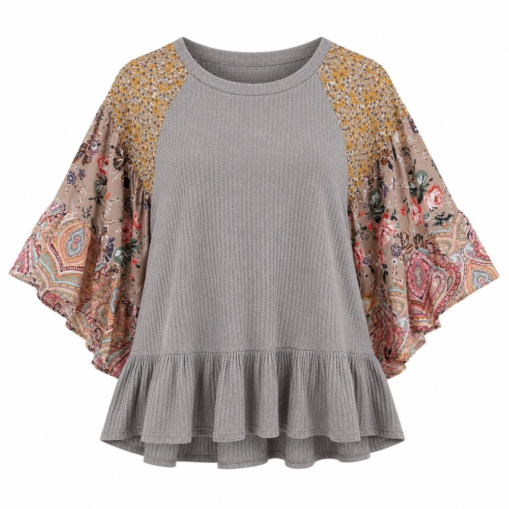 Umgee USA Waffle Knit Floral Paisley Bell Sleeve Top Small boho artsy blouse